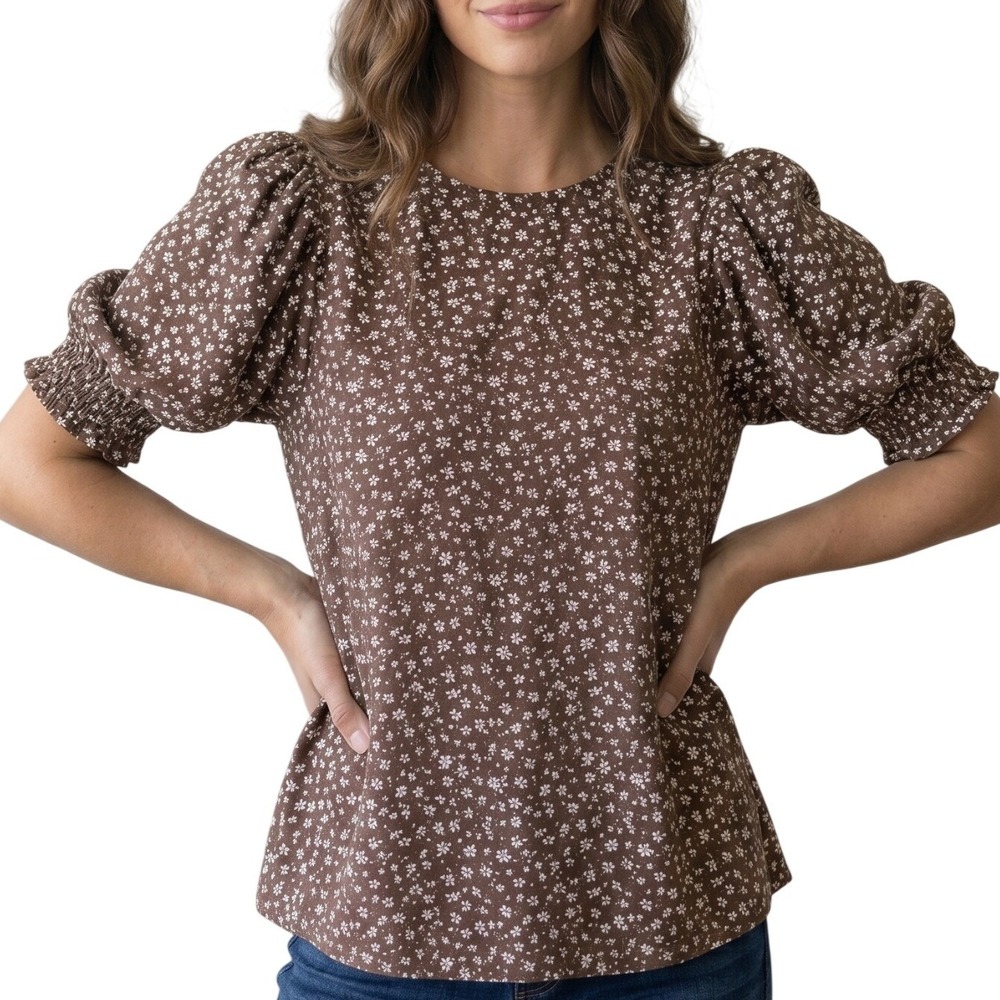 Pleione Brown Floral Puff Sleeve Blouse M Smocked Cuff Cottagecore Boho Top SEO